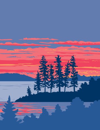 Illustration for WPA poster art of Rainy Lake in Voyageurs National Park located in Minnesota USA done in works project administration or federal art project style - Royalty Free Image