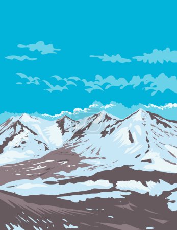 Téléchargez les illustrations : Affiche d'art WPA du volcan Trident dans le parc national et la réserve de Katmai situé dans le sud-ouest de l'Alaska États-Unis fait dans l'administration de projet d'œuvres ou style de projet d'art fédéral - en licence libre de droit