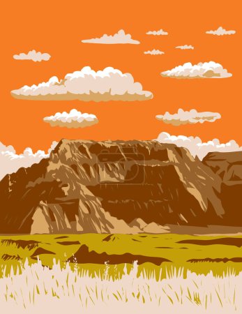 Téléchargez les illustrations : Affiche d'art WPA de buttes et pinacles fortement érodés dans le parc national des Badlands situé dans le sud-ouest du Dakota du Sud États-Unis fait dans l'administration de projet d'œuvres ou style de projet d'art fédéral - en licence libre de droit