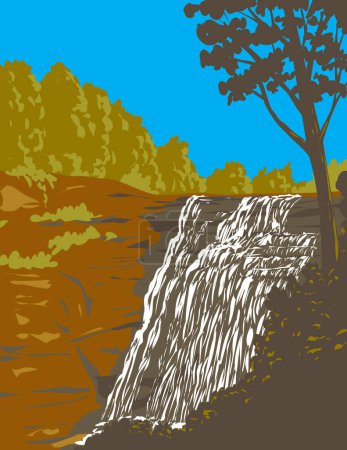 WPA poster art of Bridal Veil Falls in Cuyahoga Valley National Park between Cleveland and Akron, Ohio USA done in works project administration or federal art project style