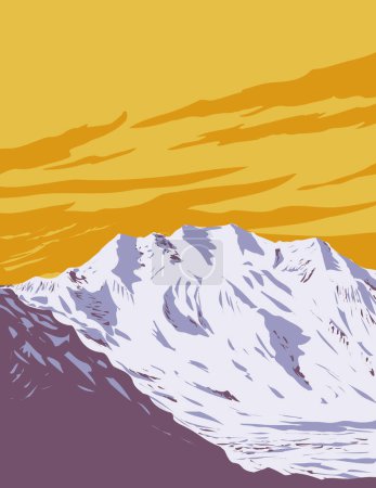 Ilustración de Arte del cartel del WPA de Mount Blackburn y Kennicott Glacier dentro del Parque Nacional Wrangell St Elias y Preserve en Alaska, EE. UU., hecho en administración de proyectos de obras o estilo de proyecto de arte federal - Imagen libre de derechos