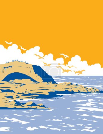 Illustration for WPA poster art of surf beach at Bird Rock at the southernmost end of La Jolla north of Pacific Beach, San Diego, California, United States USA done in works project administration - Royalty Free Image