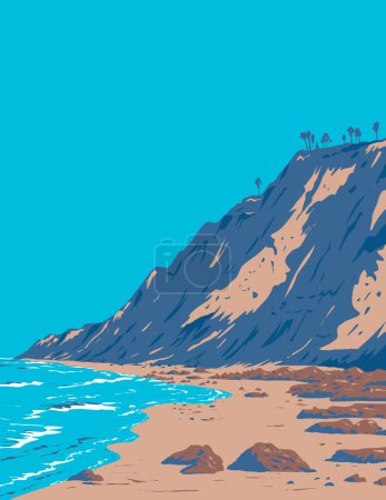 Illustration for WPA poster art of surf beach at Black's Beach in the bluffs of Torrey Pines on the Pacific Ocean in La Jolla, San Diego, California, United States USA done in works project administration - Royalty Free Image