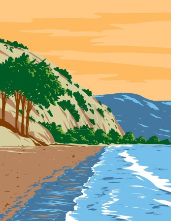 Illustration for WPA poster art of surf beach at Bolinas Beach in Marin County, California, United States USA done in works project administration - Royalty Free Image