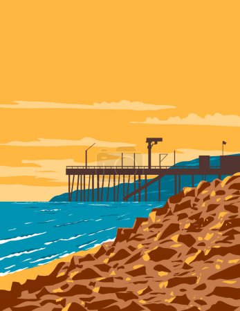 Illustration for WPA poster art of surf beach at Arena Cove Beach in the Mendocino County town of Point Arena, California, United States USA done in works project administration - Royalty Free Image