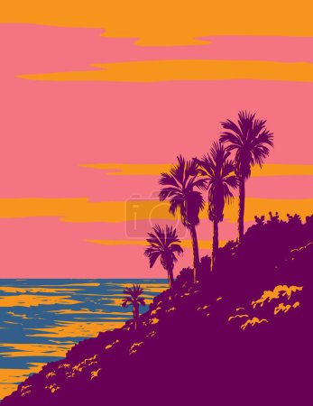 Téléchargez les illustrations : Affiche d'art WPA de plage de surf à Barney's Surf Spot à Encinitas, Californie, États-Unis d'Amérique fait dans l'administration de projet d'œuvres ou style de projet d'art fédéral. - en licence libre de droit