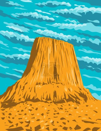 Illustration for WPA poster art of Devils Tower in the Bear Lodge Ranger District of the Black Hills in Crook County, northeastern Wyoming USA done in works project administration or federal art project style - Royalty Free Image