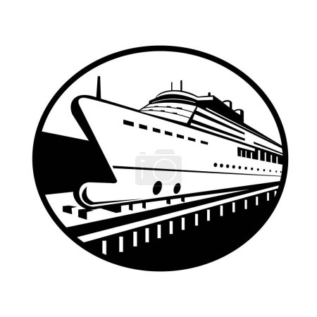 Ilustración de Ilustración de estilo retro de un buque mercante de cruceros de pasajeros en dique seco o muelle seco para reparaciones y mantenimiento vista frontal ajustada en forma ovalada sobre fondo aislado hecho en blanco y negro - Imagen libre de derechos