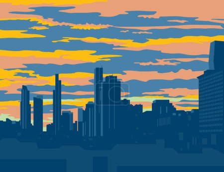 Téléchargez les illustrations : Chicago City Skyline avec gratte-ciel au crépuscule Affiche WPA Art - en licence libre de droit
