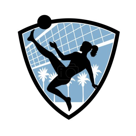 Illustration for Mascot illustration of female footvolley player doing a bicycle kick kicking the ball with net set inside shield or badge on beach with palm trees on isolated white background done in retro style. - Royalty Free Image