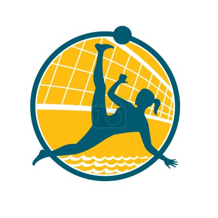 Illustration for Mascot illustration of female footvolley player doing a bicycle kick kicking the ball with net set inside circle on isolated white background done in retro style. - Royalty Free Image