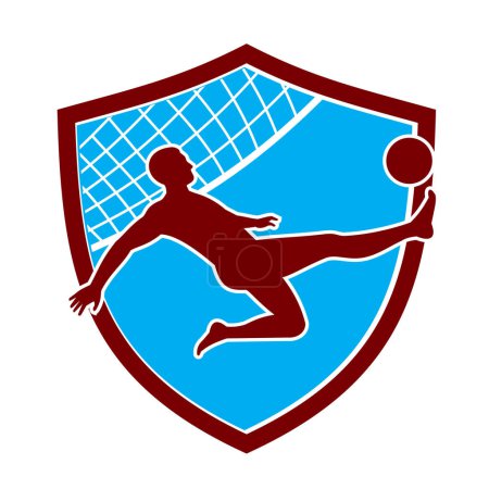 Illustration for Mascot illustration of footvolley player doing a bicycle kick kicking the ball with net set inside shield or badge on isolated white background done in retro style. - Royalty Free Image