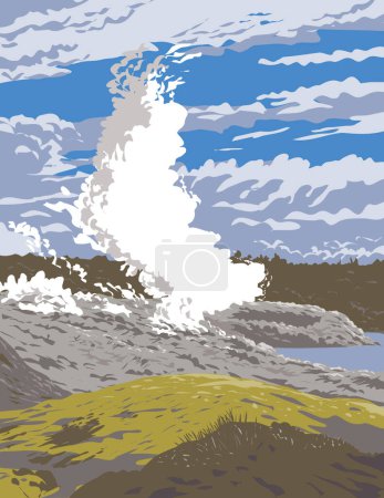 Illustration for WPA poster art of the Pohutu Geyser in Te Puia Whakarewarewa Thermal Reserve in Whakarewarewa Thermal Village in Rotorua New Zealand done in works project administration or federal art project style - Royalty Free Image