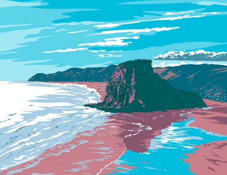 Ilustración de Arte del cartel de WPA de Lion Rock, un promontorio rocoso ubicado en Piha Beach en el área de Waitakere Ranges de Auckland, Nueva Zelanda, hecho en administración de proyectos de obras o estilo de proyecto de arte federal. - Imagen libre de derechos