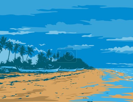 Ilustración de WPA cartel arte de un bangka o doble outrigger dugout canoa en la playa de Santa Fe, Isla de Bantayan, Cebú, Filipinas hecho en la administración de proyectos de obras o el estilo de proyecto de arte federal - Imagen libre de derechos
