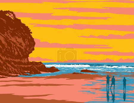 Illustration for WPA poster art of Lion Rock on Piha Beach in the Waitakere Ranges area of Auckland, New Zealand done in works project administration or federal art project style. - Royalty Free Image