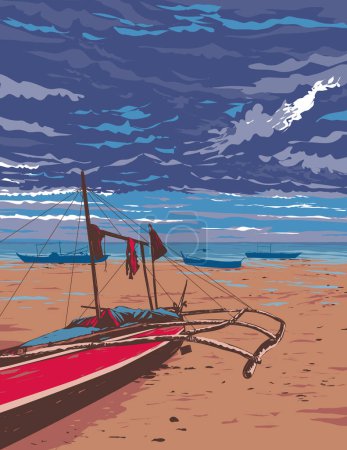 Ilustración de WPA cartel arte de un bangka o doble outrigger dugout canoa en la playa de Santa Fe, Isla de Bantayan, Cebú, Filipinas hecho en la administración de proyectos de obras o el estilo de proyecto de arte federal. - Imagen libre de derechos