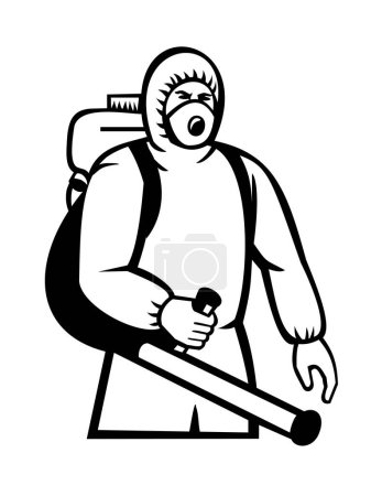 Illustration for Mascot illustration of a fumigator about to fumigate, disinfect or eradicate pest and disease viewed from front  on isolated background done in retro style black and white - Royalty Free Image