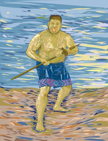 Ilustración de Estilo de arte post impresionismo de un guerrero maorí realizando la danza de guerra maorí ceremonial haka o desafío visto desde el frente - Imagen libre de derechos