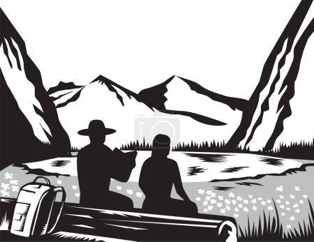 Ilustración de Ilustración de estilo de corte en madera retro de un vagabundo caminante masculino y femenino sentado en la lectura de troncos con mochila apoyada en el tronco mirando al prado, pequeño lago glaciar con acantilados empinados y montañas - Imagen libre de derechos