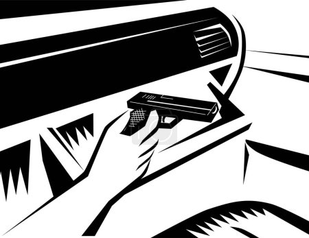 Téléchargez les illustrations : Illustration rétro de style gravé sur bois d'une main de conducteur cherchant un pistolet dans une boîte à gants ou une boîte à gants de voiture ou d'automobile située dans le pied du passager avant, réalisée en noir et blanc - en licence libre de droit