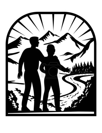 Illustration for Retro woodcut style illustration of a father and son about to start a journey or adventure with mountains, road and river on isolated background done in black and white - Royalty Free Image