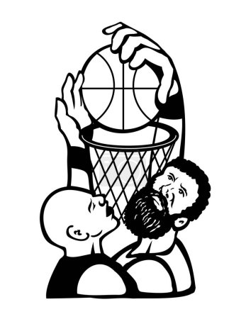 Téléchargez les illustrations : Illustration de style rétro de deux joueurs de basket plongeant et bloquant la balle dans le filet sur fond isolé fait en noir et blanc - en licence libre de droit
