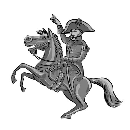 Illustration for Mascot illustration of Napoleon Bonaparte or Napoleon I, a French emperor and military commander riding a prancing horse viewed from side on isolated background done cartoon retro style - Royalty Free Image