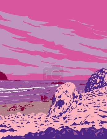 Téléchargez les illustrations : Affiche d'art WPA d'une plage de surf de sable blanc au mont Maunganui situé à Tauranga, baie de Plenty, Nouvelle-Zélande fait dans l'administration de projet d'œuvres ou style de projet d'art fédéral - en licence libre de droit