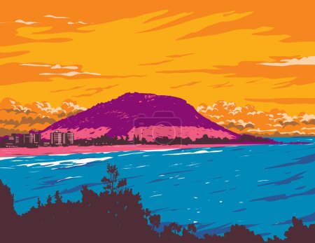 Ilustración de Afiche WPA arte de una playa de surf de arena blanca al atardecer en el Monte Maunganui ubicado en Tauranga, Bahía de Plenty, Nueva Zelanda hecho en obras de administración de proyectos o estilo de proyecto de arte federal. - Imagen libre de derechos
