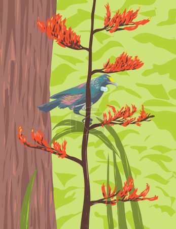 Illustration for Art Deco or WPA poster of a Chatham Island tui, a large honeyeater bird native to New Zealand perching on a Phormium tenax, harakeke or New Zealand flax done in works project administration style - Royalty Free Image