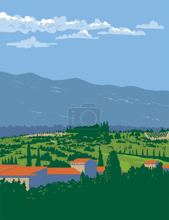 Illustration for WPA poster art of a village comune in Cerreto Guidi , a Medici town in the Metropolitan City of Florence in Tuscany region of Italy done in works project administration or art deco style - Royalty Free Image