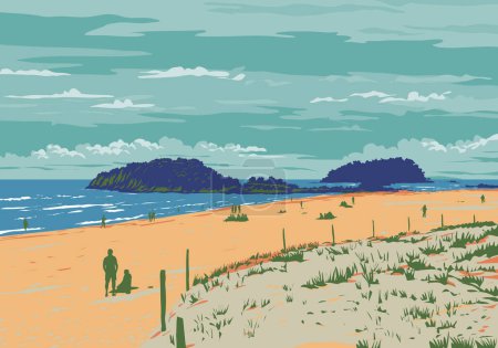 Illustration for WPA poster art of a white sand surf beach in Mount Maunganui located in Tauranga, Bay of Plenty, New Zealand done in works project administration or federal art project style - Royalty Free Image