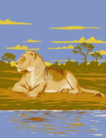 Téléchargez les illustrations : Affiche Art déco ou WPA d'une lionne dans le parc national Hwange anciennement réserve de chasse Wankie dans le Matabeleland Nord, Zimbabwe en Afrique fait dans le style d'administration de projet de travaux - en licence libre de droit
