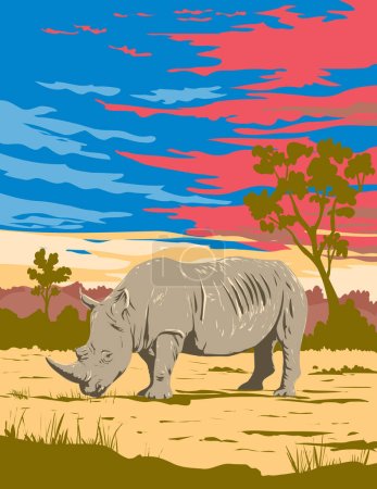 Illustration for Art Deco or WPA poster of a rhino or white rhinoceros in Kruger National Park located in Limpopo and Mpumalanga in northeastern South Africa done in works project administration style - Royalty Free Image