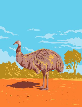 Téléchargez les illustrations : Affiche Art déco ou WPA d'un émeu dans le parc national et aire de conservation de l'État de Gundabooka près de Bourke dans l'outback NSW Nouvelle-Galles du Sud, Australie réalisée dans le style de l'administration du projet de travaux - en licence libre de droit
