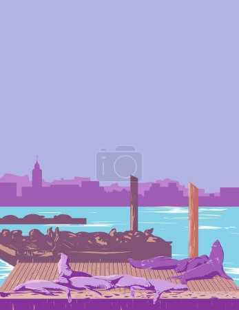 Ilustración de Cartel Art Deco o WPA de un león marino o foca de oreja En el bulevar Embarcadero a lo largo del paseo marítimo de San Francisco, Estados Unidos de América EE.UU. hecho en estilo de administración de proyectos de obras - Imagen libre de derechos