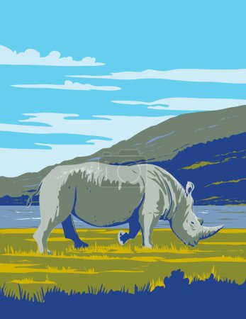Ilustración de Cartel Art Deco o WPA de rinocerontes blancos, rinocerontes de labio cuadrado o Ceratotherium simum en el Parque Nacional Lago Nakuru en Kenia, África hecho en estilo de administración de proyectos de obras - Imagen libre de derechos