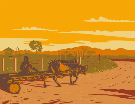 Téléchargez les illustrations : Affiche art déco ou WPA d'un agriculteur philippin et taureau Brahman vache Brahma ou tirant un chariot dans une plantation d'ananas en Malaisie, Bukidnon, Philippines fait dans le style d'administration de projet de travaux - en licence libre de droit