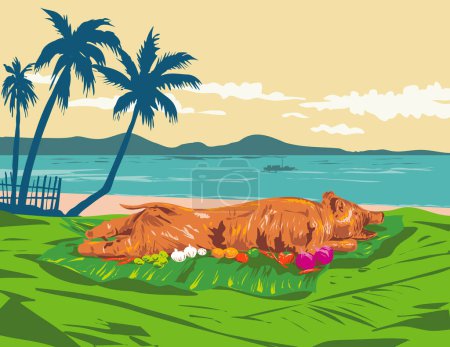 Ilustración de Arte Deco o arte del cartel de WPA de un lechón, litson o cochinillo asado en la playa en la ciudad de Talisay, Cebú, Filipinas hecho en estilo de administración de proyectos de obras - Imagen libre de derechos