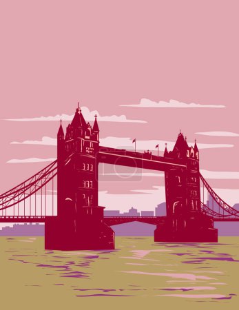 Illustration for WPA poster art of Tower Bridge from Shad Thames along the south side of the River Thames in London, England UK done in works project administration or art deco style - Royalty Free Image