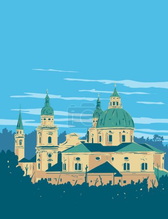 Ilustración de WPA cartel arte de la Catedral de Salzburgo o la Catedral de los Santos Ruperto y Vergilius en Domplatz en Altstadt casco antiguo de Salzburgo, Austria hecho en obras de administración de proyectos o estilo art deco - Imagen libre de derechos