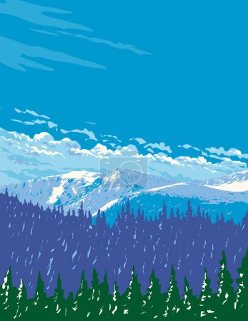 Foto de Arte del cartel de WPA de Mount Blue Sky en Rocky Mountain National Park en el norte de Colorado, Estados Unidos, hecho en la administración de proyectos de obras o estilo de proyecto de arte federal - Imagen libre de derechos