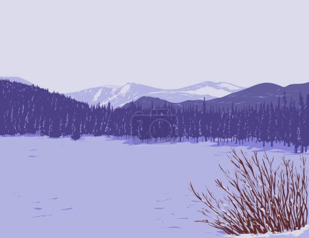 Téléchargez les photos : Affiche d'art WPA du lac Echo en hiver avec Mount Blue Sky près de Idaho Springs dans les montagnes Rocheuses, Colorado, États-Unis États-Unis fait dans l'administration de projet d'œuvres ou style de projet d'art fédéral - en image libre de droit