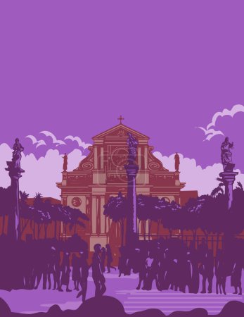 Illustration for Art Deco or WPA poster art of Saint Catherine of Alexandria Cathedral Parish or the Dumaguete Cathedral in Dumaguete City, Negros Oriental, Philippines done in works project administration style. - Royalty Free Image