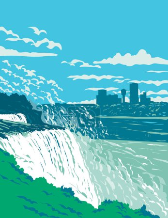 WPA poster art of Niagara Falls on the western bank of the Niagara River in the Golden Horseshoe region of Southern Ontario, Canada done in works project administration or federal art project style