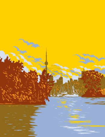 Ilustración de Arte cartel WPA de Toronto Island Park con horizonte de la ciudad de Toronto en el fondo en el lago Ontario, Canadá hecho en la administración de proyectos de obras o estilo de proyecto de arte federal - Imagen libre de derechos