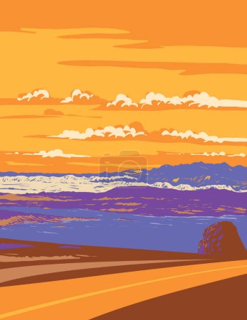 Arte póster WPA de Lake Mead con Muddy Peak y Mount Wilson visto desde Boulder City en Nevada, cerca de Arizona, Estados Unidos, EE.UU. hecho en la administración de proyectos de obras o estilo de proyecto de arte federal