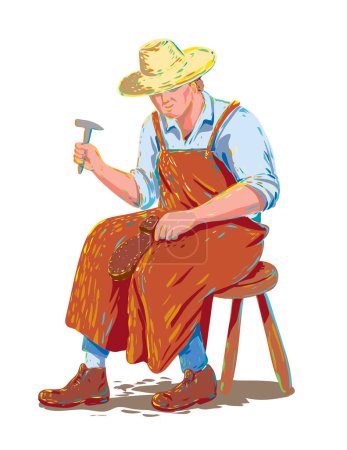 WPA poster art of a medieval cobbler, shoemaker or shoe repairer repairing shoes sitting on stool