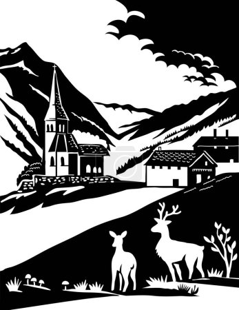 Swiss scherenschnitt or scissors cut illustration of silhouette of deer in Beverin Nature Park in the canton of Grisons, Switzerland in paper cut or decoupage